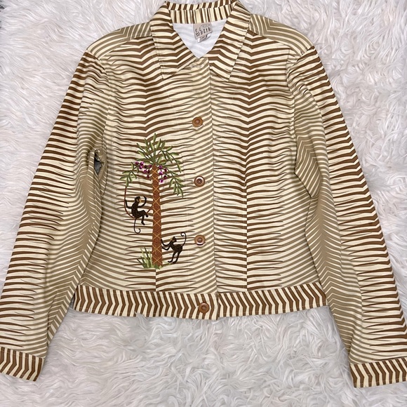 M.L. Malik Jackets & Blazers - F.L. Malik Size M Brown Cream Zebra Strip Monkey  Palm Tree‎ Embroidered Blazer